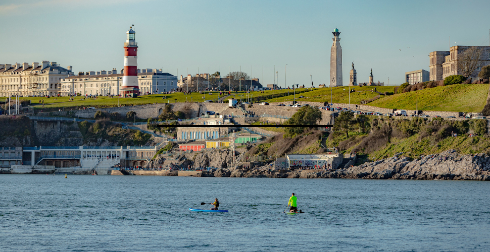 SUP in Plymouth Sound, looking toward Plymouth Hoe